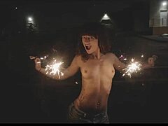 Brunette girlfriend goes topless outdoors in public party with honey gold and dakota marr flashing natural tits