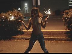 Brunette girlfriend goes topless outdoors in public party with honey gold and dakota marr flashing natural tits