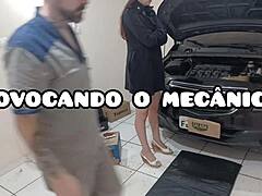 Patroa with tesao provokes mecanico to fuck right there in oficina with cum on ass dirty talk masturbation uniform voyeur action