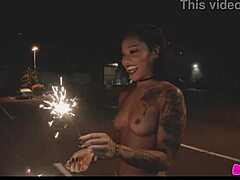 Brunette girlfriend goes topless outdoors in public party with honey gold and dakota marr flashing natural tits