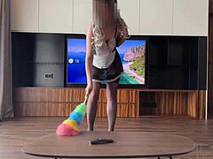 Sexy blonde housemaid in heels and stockings gets rough doggystyle fuck in hairy meaty pussy with bouncing boobs.