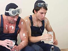 skinny babe takes on two muscular guys for double penetration and facial cumshot in mmf group