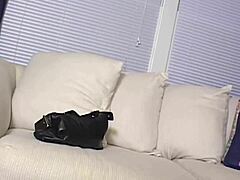 latina spots girlfriend masturbating in bed and licks her pussy with strapon