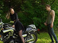 Risky Motorcycle Sex in Park with Cowgirl Riding and Deepthroat Blowjob