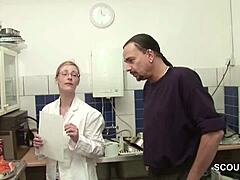 Petite skinny German teen virgin gets first fuck from boss at job with big cock blowjob and cumshot