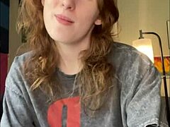 redhead transsexual in crossdressing roleplay uses dildo toys for motivational study boost