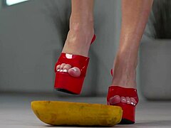 petite brunette girl casually crushes fruits with high heels in hot footfetish solo scene, showing off her feet and shoes softly