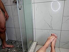 i love how this sexy young milf teases my big cock with her cute feet and toes in the shower