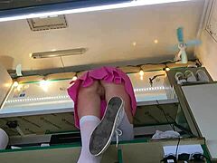 the boss sneaks touches on his sexy shop assistant's wet shaved pussy during customer chat