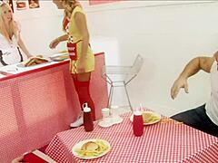 Milf Waitresses Diana Gold and Eva Mercedes Dive into FFMM Foodie Foursome with Cumshot Facial