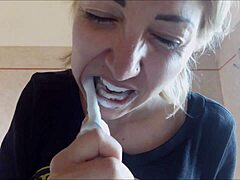 brushing your teeth is important and chantal loves filling her mouth with toothpaste