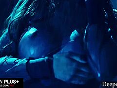 gorgeous brunette sarah gives in to her dom with deepthroat blowjob and interracial riding on big black cock