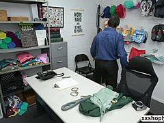 Shoplifter Emma Starletto blows and rides the LP officer's monster cock in the office to satisfy his needs.