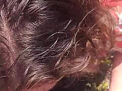 Amateur blowjob leads to doggy style fuck with cum in mouth in the bush. Bbw big tits chubby wife girlfriend enjoys outdoor public sex as cute hairy slut.