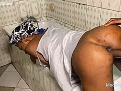 Horny housewife fucks bbc plumber in bathroom with bent over doggystyle