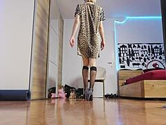 high heels fashion show with blonde feet in socks 😏