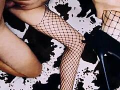 A Wife in an Erotic Fishnet Bodysuit Beautifully Spreads Her Legs