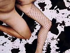 A Wife in an Erotic Fishnet Bodysuit Beautifully Spreads Her Legs
