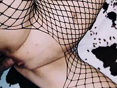 A Wife in an Erotic Fishnet Bodysuit Beautifully Spreads Her Legs