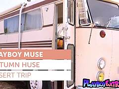 all natural redhead milf autumn huse starts stripping her clothes sensually. she gets naked in the desert with petite skinny body and small tits.