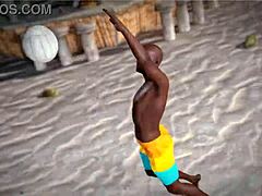 Topless redhead beauty pierces thug on beach ball!