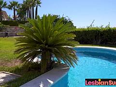 Helina Dream and Milena Ray kiss in lingerie by pool