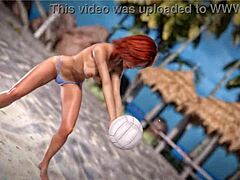 Topless redhead beauty pierces thug on beach ball!