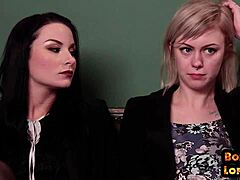 Bound big ass babe takes domination in threesome blowjob and doggystyle before facial cumshot