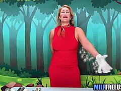 Blonde milf and teen get deepthroat face fucking in ffm group on Sesame Street set