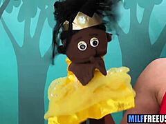 Blonde milf and teen get deepthroat face fucking in ffm group on Sesame Street set