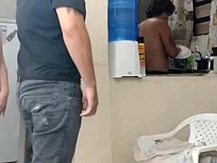 Naughty wife bent over for doggystyle fucking and cum in mouth next to cuckold