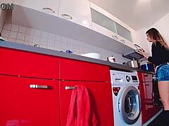 Curvy figure teases in short jeans and hot pants, revealing thong and panties playfully.