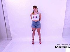 Straight Brunette Teen Girl Seduced by Lesbian Stylist During Photoshoot on Sofa with Massage and POV Pussy Action