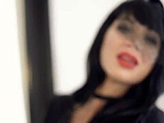 Brunette babe in funeral veil costume gives cum in mouth blowjob to girlfriend during cosplay