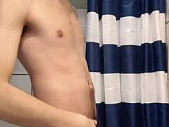 Skinny long-haired teen spins cock like helicopter in solo