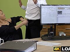 Busty Short Haired Babe Bounces on Loan Agent Dick Wildly in Office