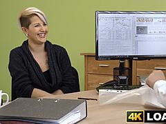 Busty Short Haired Babe Bounces on Loan Agent Dick Wildly in Office