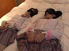 Asian babes Chiharu Miyasita and Hikari Sakamoto serve their master with blowjobs and creampie