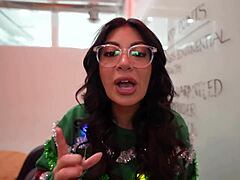 Big titty Latina coworker deepthroats monster cock at office Christmas party, then bends over desk for doggystyle pounding and facial cumshot.