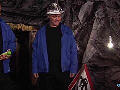 coal miners get to fuck a busty brunette slut in a threesome with big cock blowjob cowgirl riding and cumshot