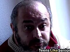 Blonde secretary with perky tits fingers shaved pussy while sucking ugly old co-worker small dick