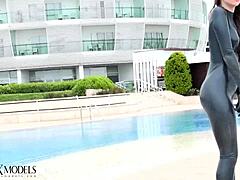 latex flexi doll showcases ballerina moves outdoors