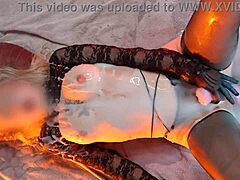 How does this petite girl moan and cum from huge dildo loads?