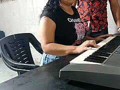 Colombian brunette babe gets punished by her keyboard teacher with bent over doggystyle fucking and cumshot in classroom.