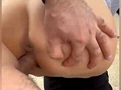 Big cock pulls sperm from Latina pussy in doggystyle. Bent over, she eats mouthful from ass.