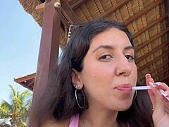 Daring Public Stroll in Crowded Spot with Sticky Surprise. Almost Spotted During the Thrilling Adventure