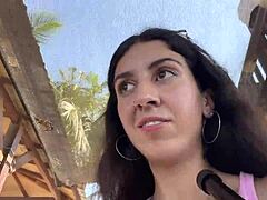 Daring Public Stroll in Crowded Spot with Sticky Surprise. Almost Spotted During the Thrilling Adventure