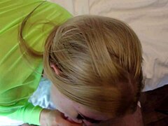 blonde college teen gives pov blowjob and gets cum in mouth after doggystyle fucking