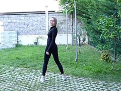 Fuck me quietly as sporty hot teen hard fucks neighborhood guy in backyard with deepthroat and doggystyle