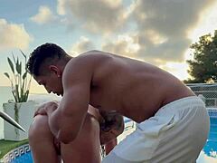 oiled up for rough sex in the pool, big cock pounding that wet shaved pussy deep